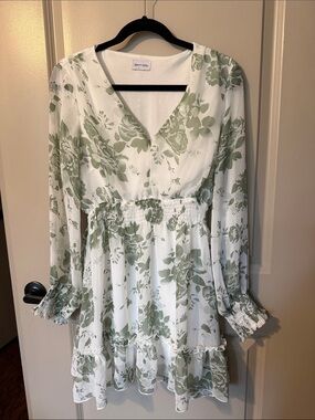 Floral V-Neck Smocked Waist Long-Sleeve Dress - Sage Green